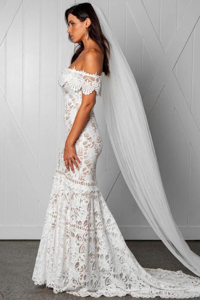 White Off Shoulder Ruffled Overlay Bridal Wedding Gown