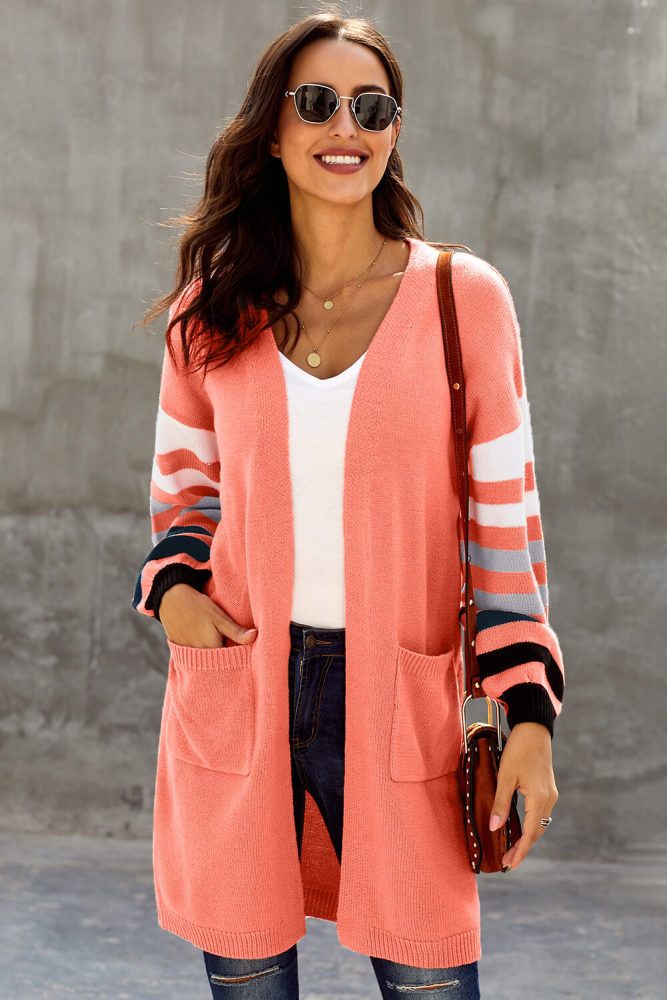 Orange Striped Sleeve Cardigan