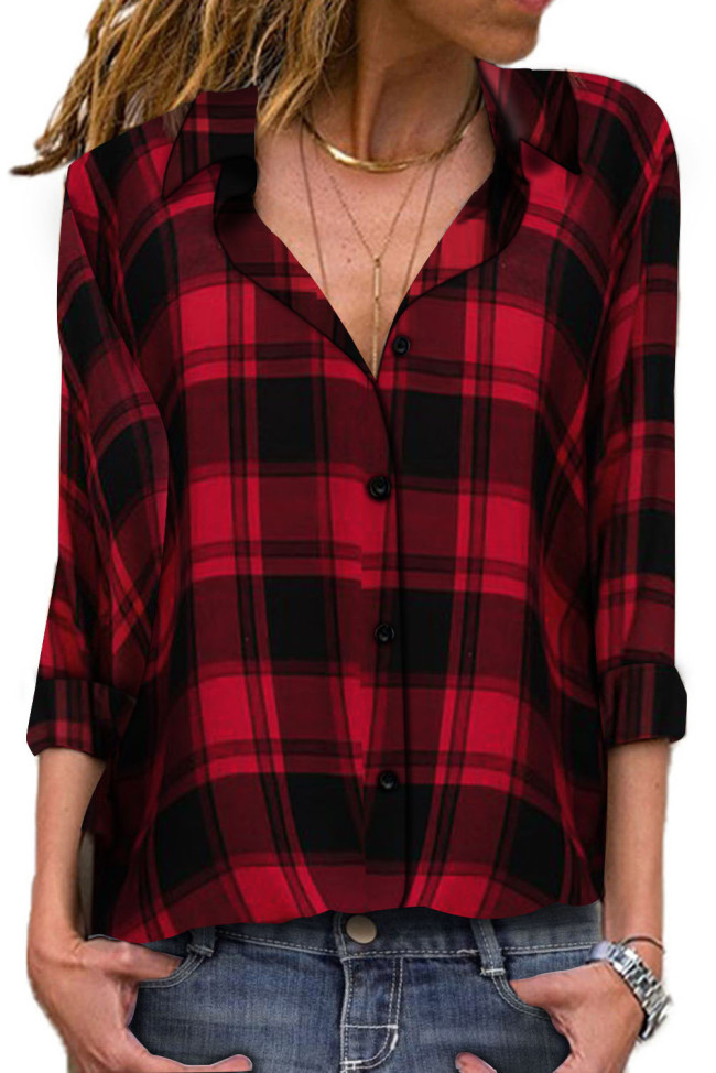 Red V Neck Roll up Sleeve Button Down Plaid Pattern Shirt