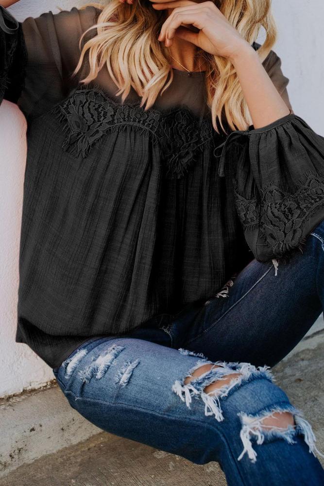 Black Fashion Lantern-Sleeve Lace Patchwork Top