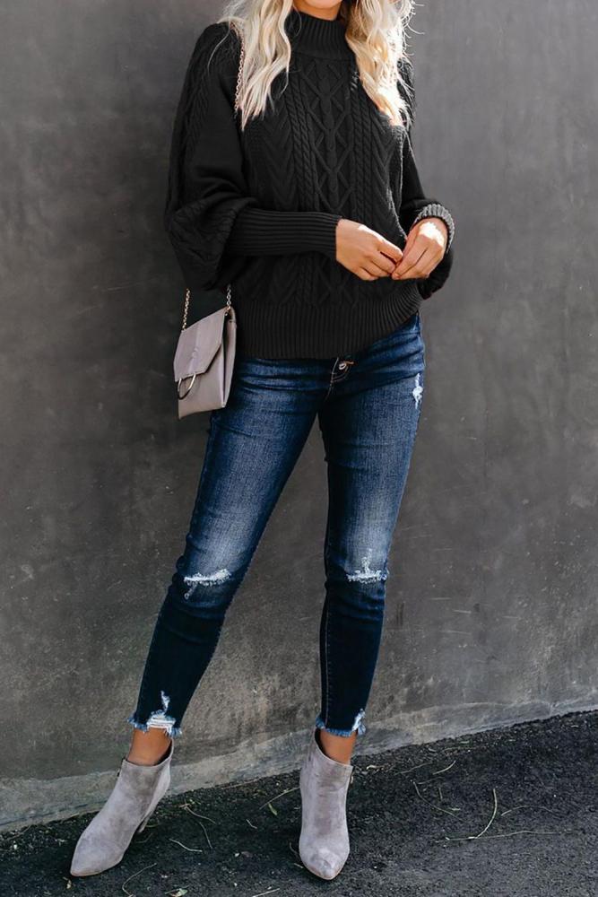 Black Housewarming Cable Knit Balloon Sleeve Sweater