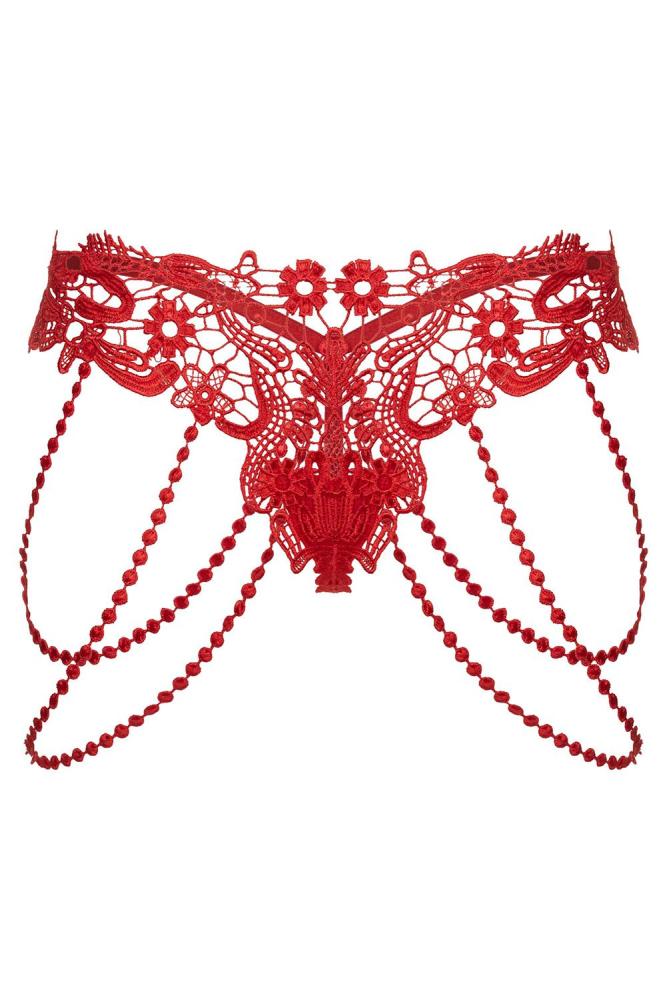 Red Beaded Chains Embroidered Lace Thong