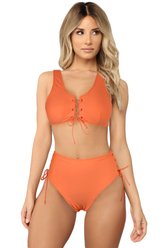 Orange Lace-up High Waist Bikini