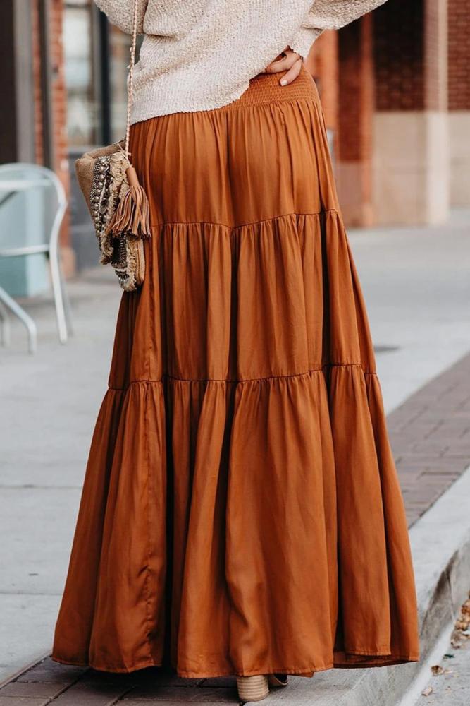 Brown Hocus Pocus Smocked Tiered Maxi Skirt
