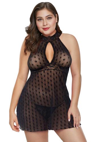 Black Plus Size Open Back Halter Mesh Babydoll