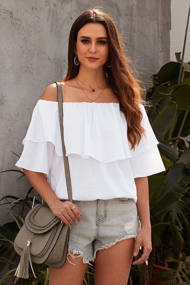 White Soft Breeze Frilling Off-shoulder Top