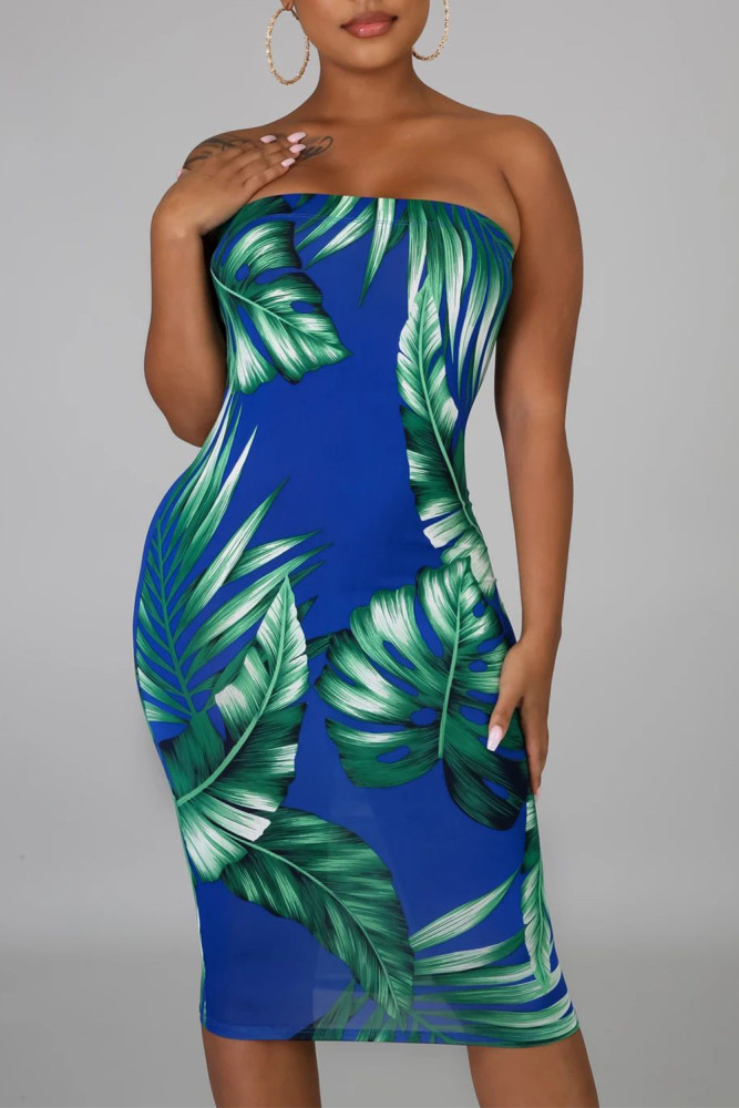 Blue Tropical Print Tube Bodycon Dress