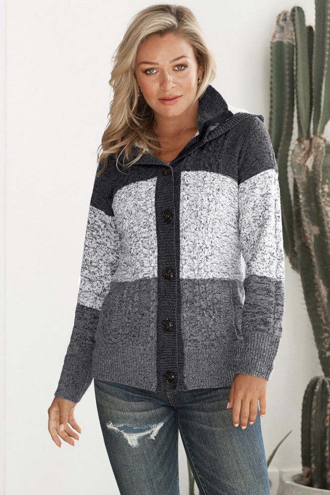 Gray Hooded Button Cable Knit Cardigan