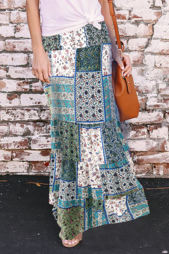Green Boho Print Tie-Up Waist Long Maxi Skirt