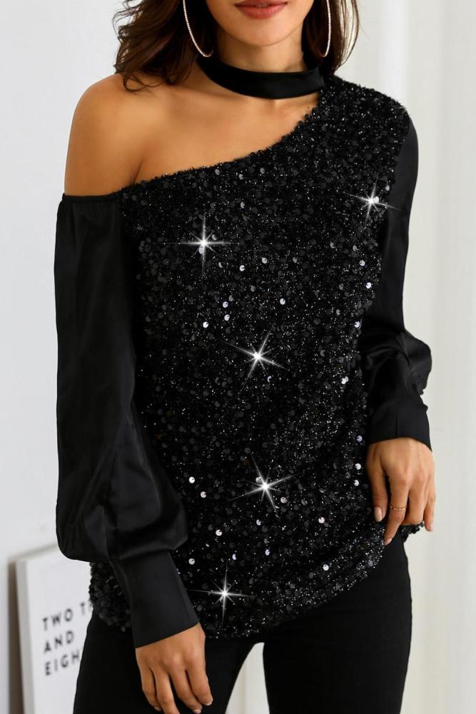 Choker Cut Out Shoulder Sequin Top