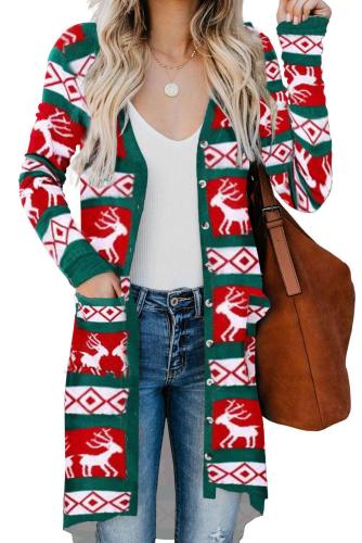 Green Christmas Element Print Long Cardigan