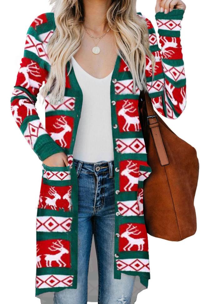 Green Christmas Element Print Long Cardigan