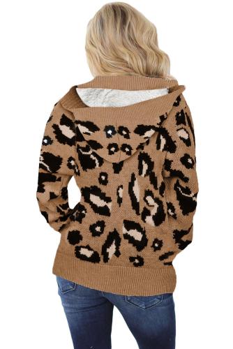 Brown Long Sleeve Button-up Hooded Leopard Print Cardigan