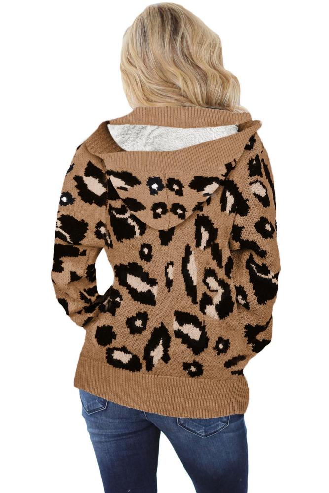 Brown Long Sleeve Button-up Hooded Leopard Print Cardigan