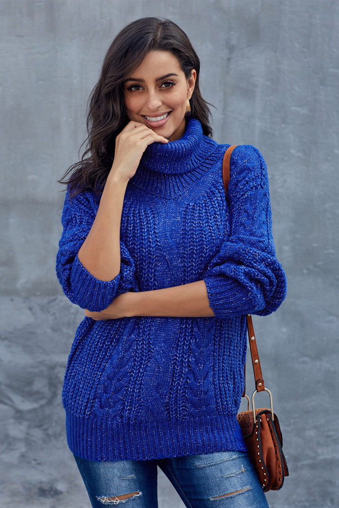 Blue Chunky Turtleneck Sweater