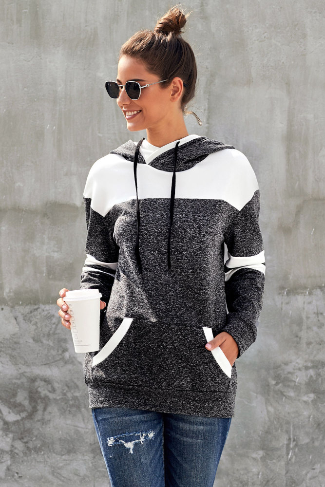 Black Color Block Pullover Hoodie with Pocket