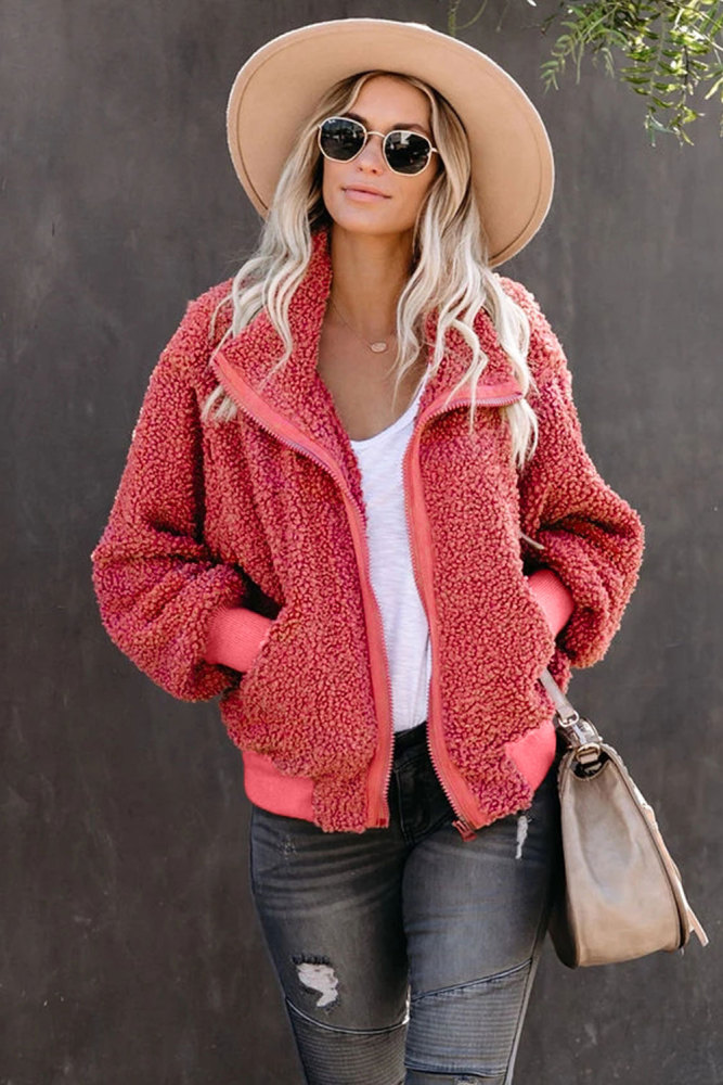 Red Cool For The Winter Pocketed Teddy Jacket