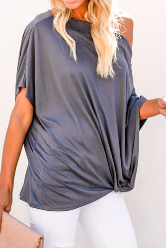 Gray Off-The-Shoulder Slash Neck Casual Loose Fitting Top