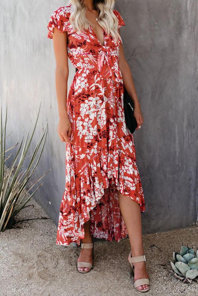 Red Floral High Low Pocketed Tie Maxi Dress