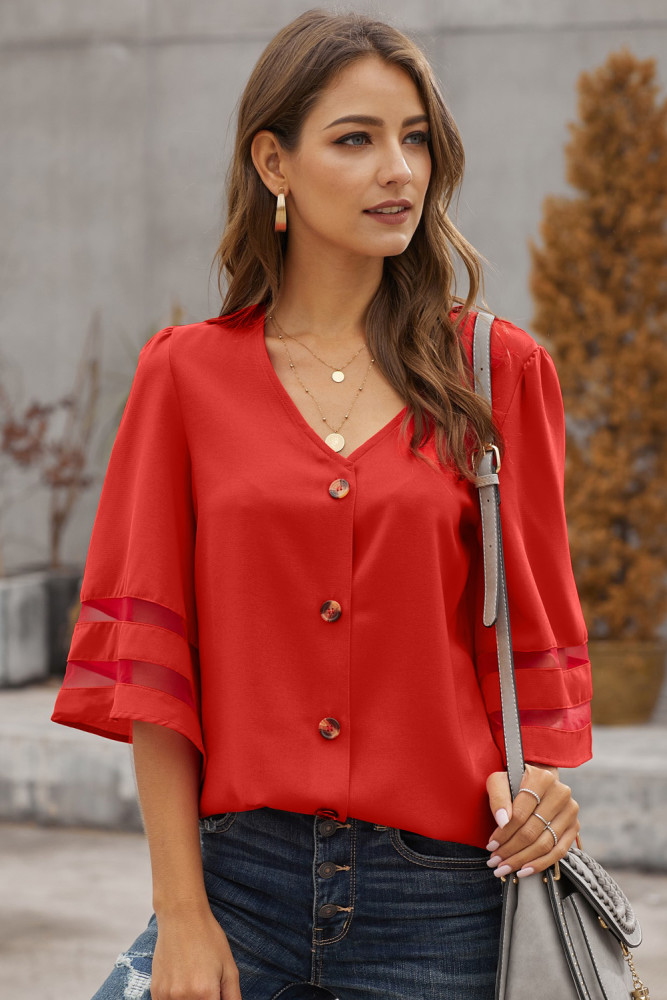 Red Flare Sleeve V Neck Button Down Blouse