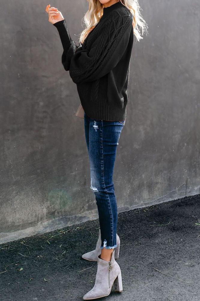 Black Housewarming Cable Knit Balloon Sleeve Sweater