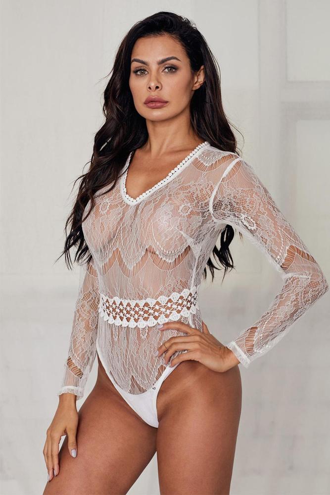 White Daring Sheer Lace Long Sleeve Bodysuit