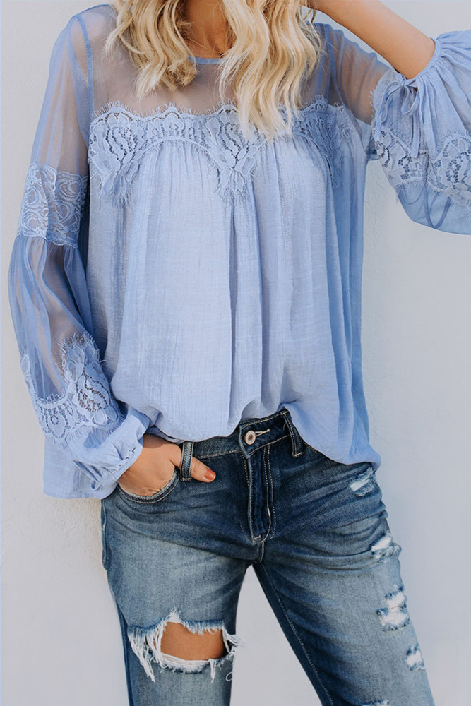 Sky Blue Fashion Lantern-Sleeve Lace Patchwork Top
