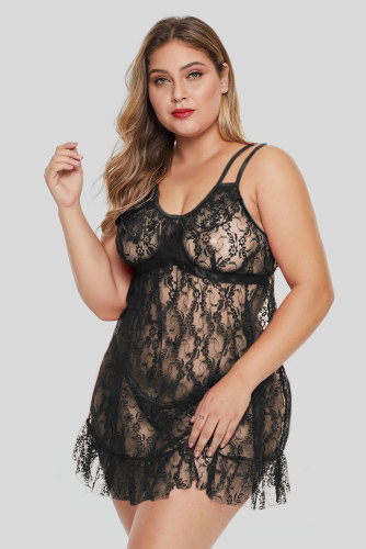 Black Floral Lace Plus Size Lingerie Set