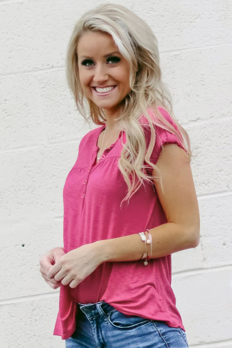 Rose Buttoned Detail Cotton Blend Short Sleeve T-shirt