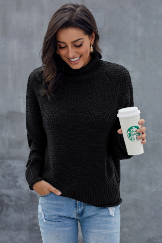 Black Oversized Chunky Batwing Long Sleeve Turtleneck Sweater