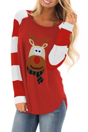 Christmas Cartoon Reindeer Color Block Sleeve Top