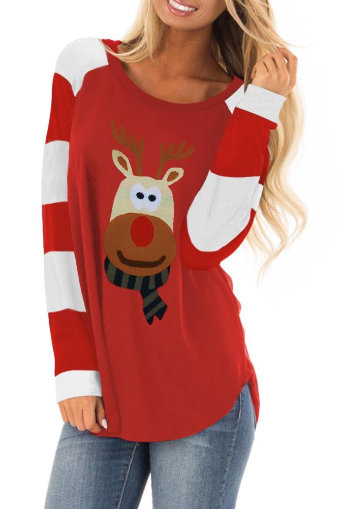 Christmas Cartoon Reindeer Color Block Sleeve Top