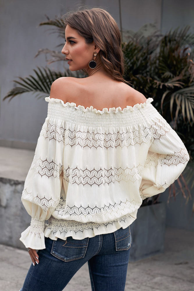Apricot Off Shoulder Ruffle Long Sleeve Smocked Waist Lace Crochet Blouse