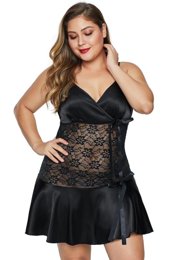 Black Wrapped V Neck Floral Lace Abdomen Plus Size Babydoll
