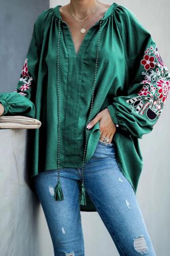 Green Relaxing Fit Embroidered Peasant Top