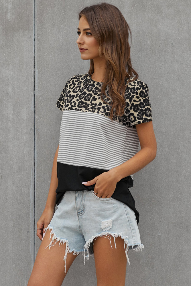 Black Block Striped and Leopard Short Sleeve Tee