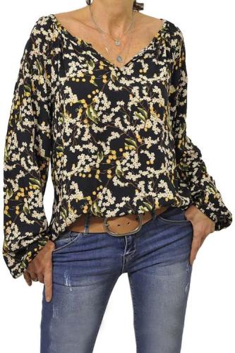 Black Color Block Casual V-Neckline Long Sleeve Blouse