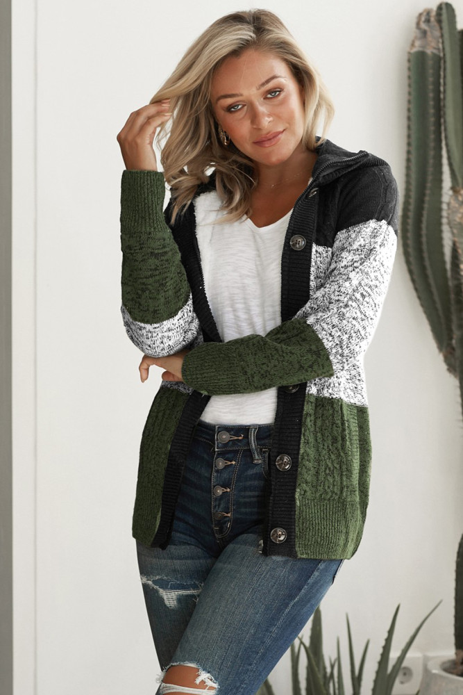Green Hooded Button Cable Knit Cardigan