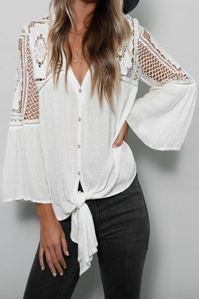 White Against The Grain Swiss Dot Crochet Tie Top
