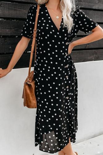 Black Polka Dot Button Down Aside Midi Dress