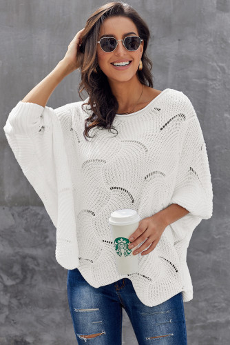 White Wave Hem Long Batwing Sleeve Hollow Out Elegant Sweater