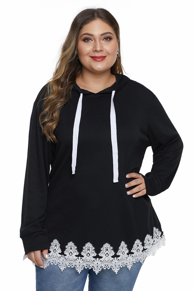 Black Plus Size Supersoft Hoodie Sweatshirt With Lace Trim