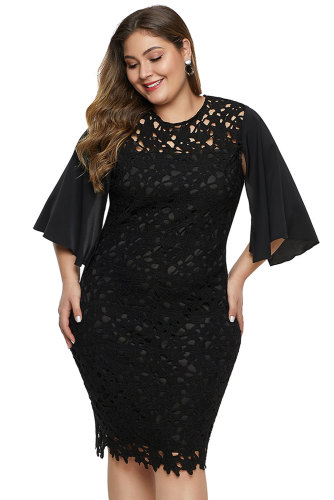 Black Flutter Slit Sleeve Crocthet Lace Plus Size Dress