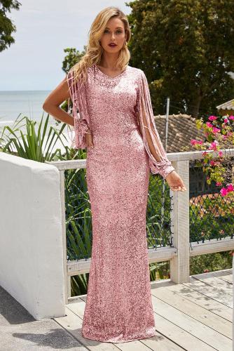 Pink Sequin Fringe Sleeve Party Maxi Evening Dress
