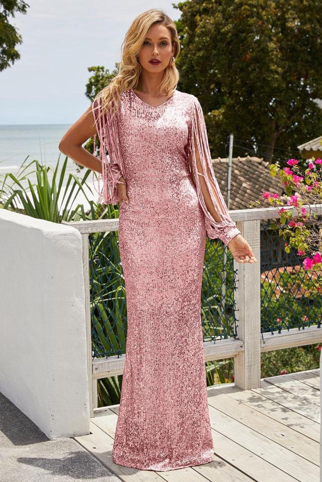 Pink Sequin Fringe Sleeve Party Maxi Evening Dress