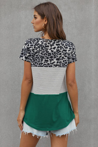 Green Block Striped and Leopard Short Sleeve Tee