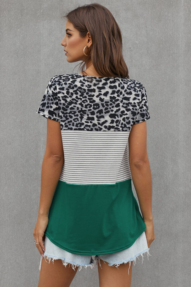 Green Block Striped and Leopard Short Sleeve Tee