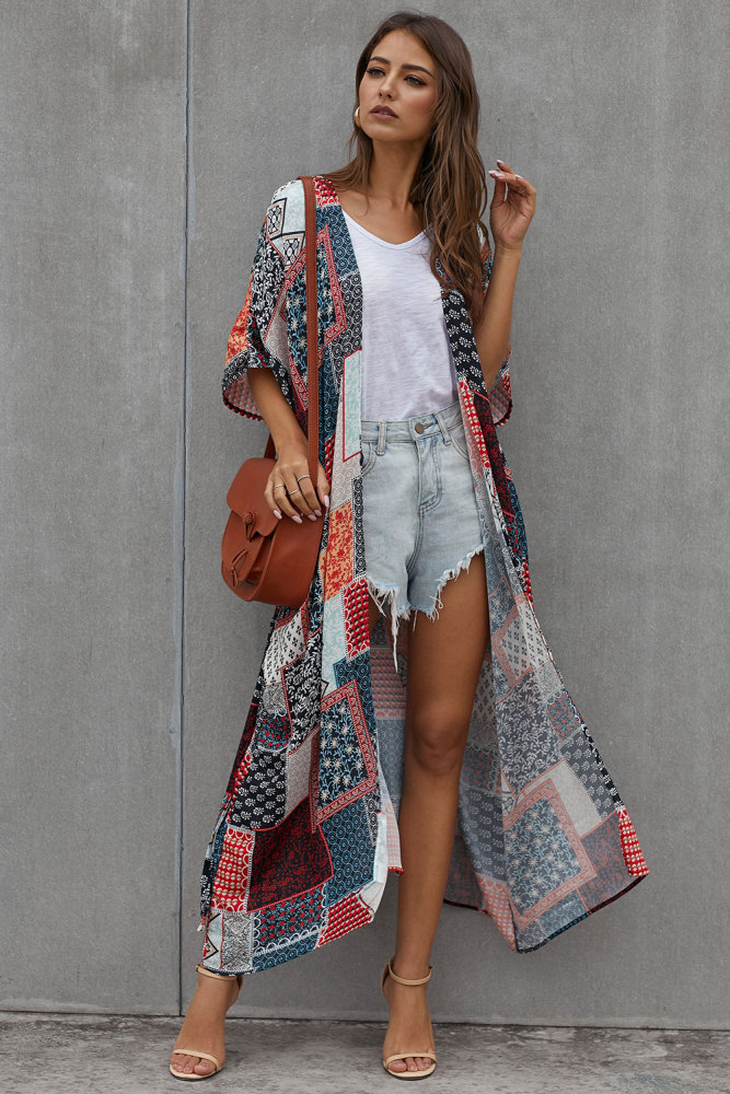 Geometric Plaid Bohemian Style Tie Kimono