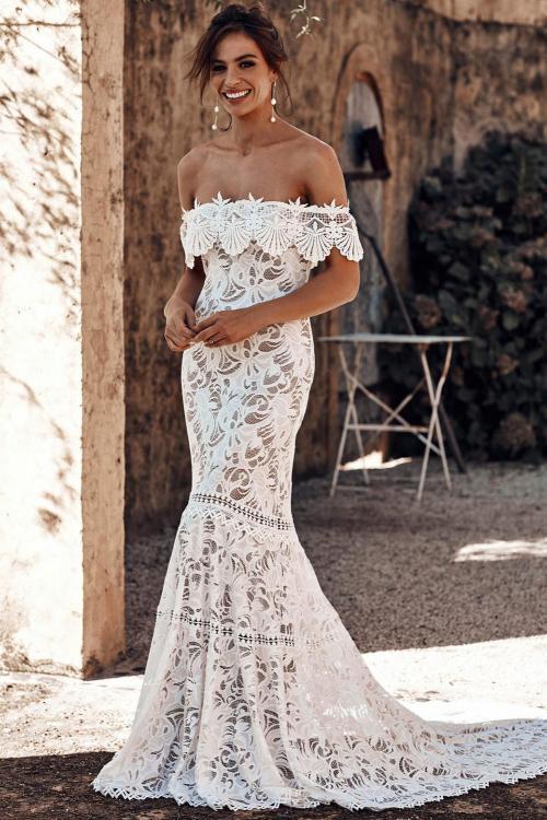 White Off Shoulder Ruffled Overlay Bridal Wedding Gown