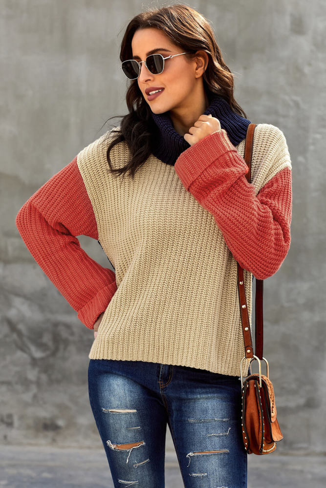Orange Long Sleeve Turtleneck Color Block Pullover Knit Sweater